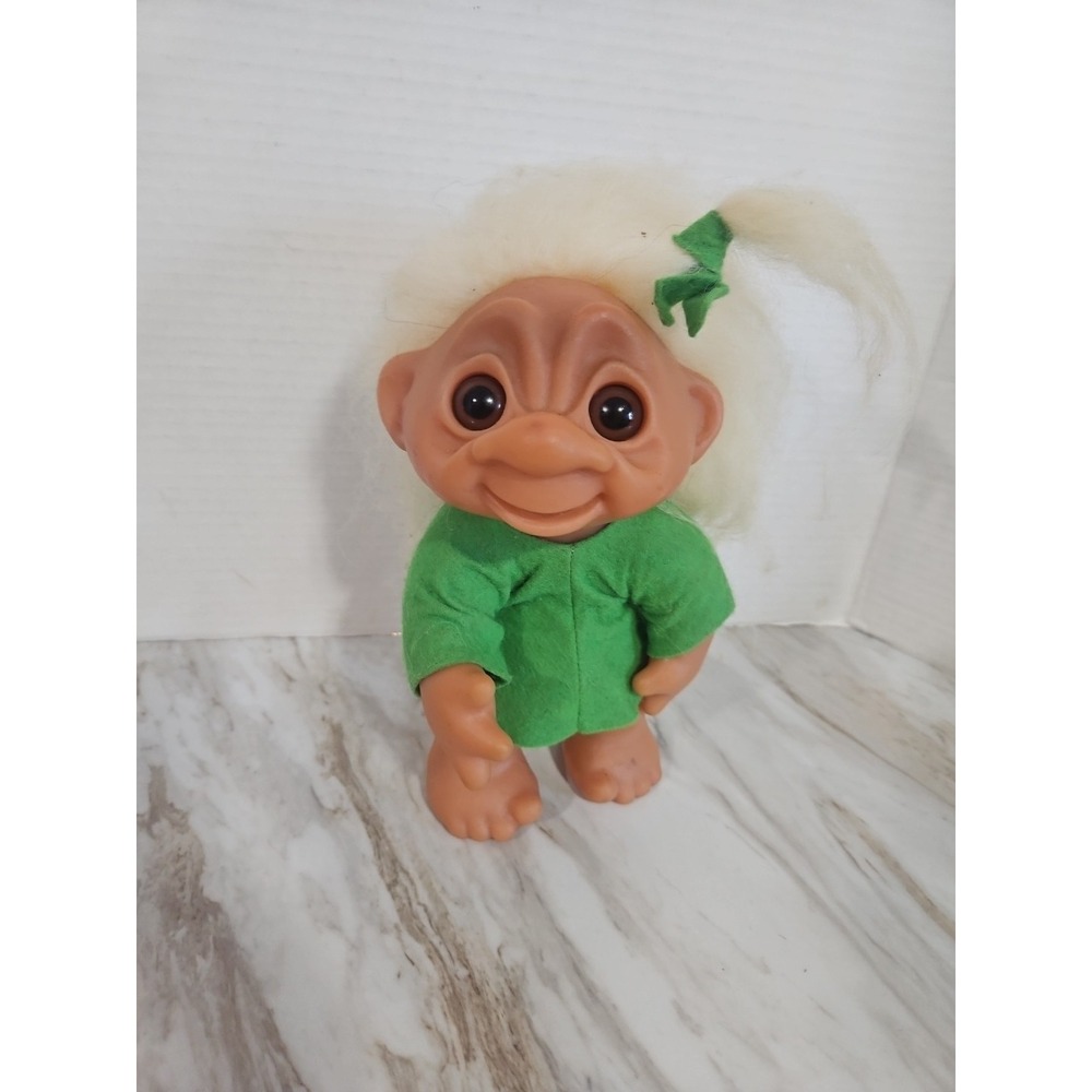 1977 8" Thomas Dam Troll Doll DENMARK #604 White Hair Green Dress